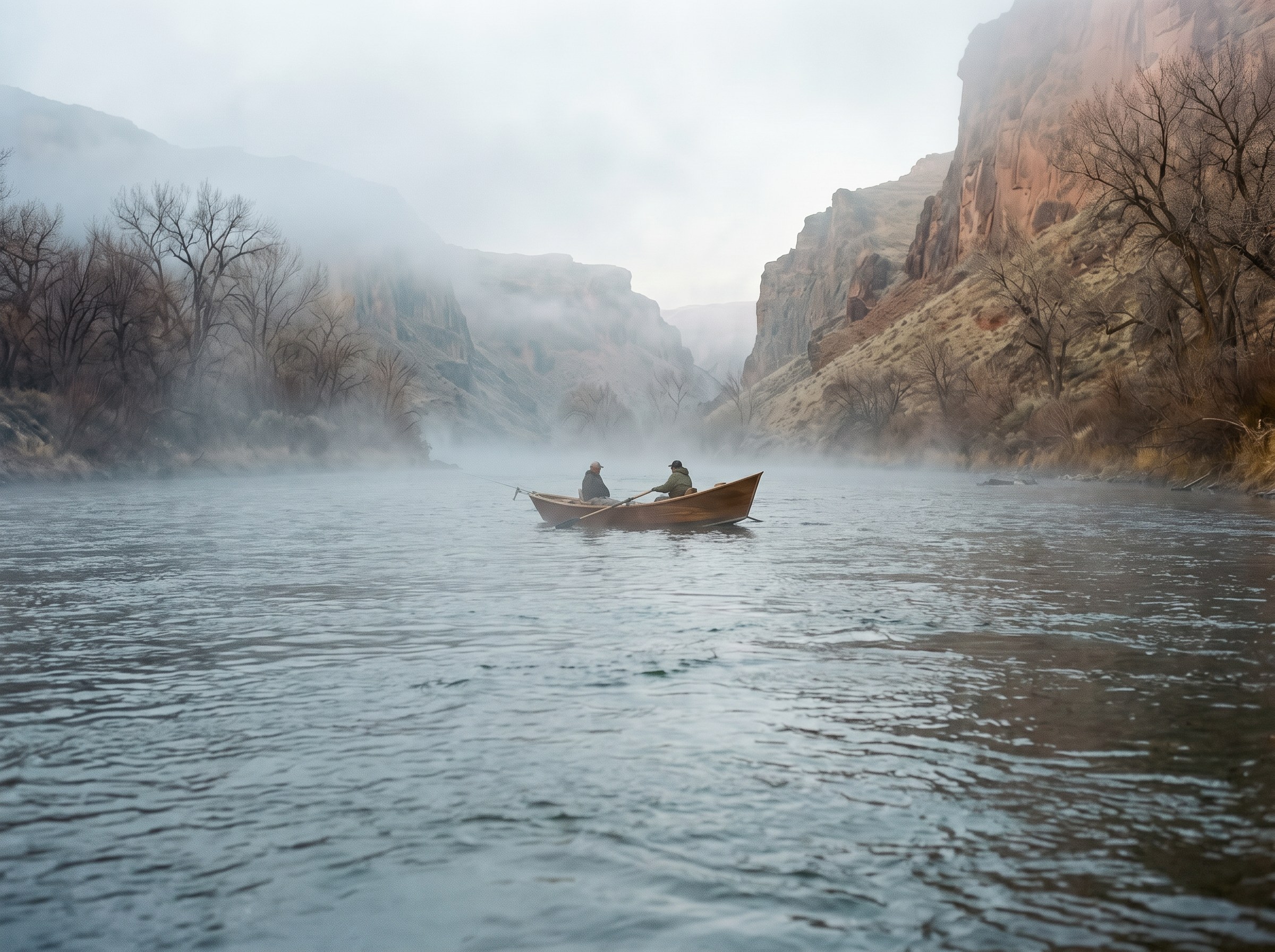 A drift boat with two men moving quietly through morning fog on a canyon river