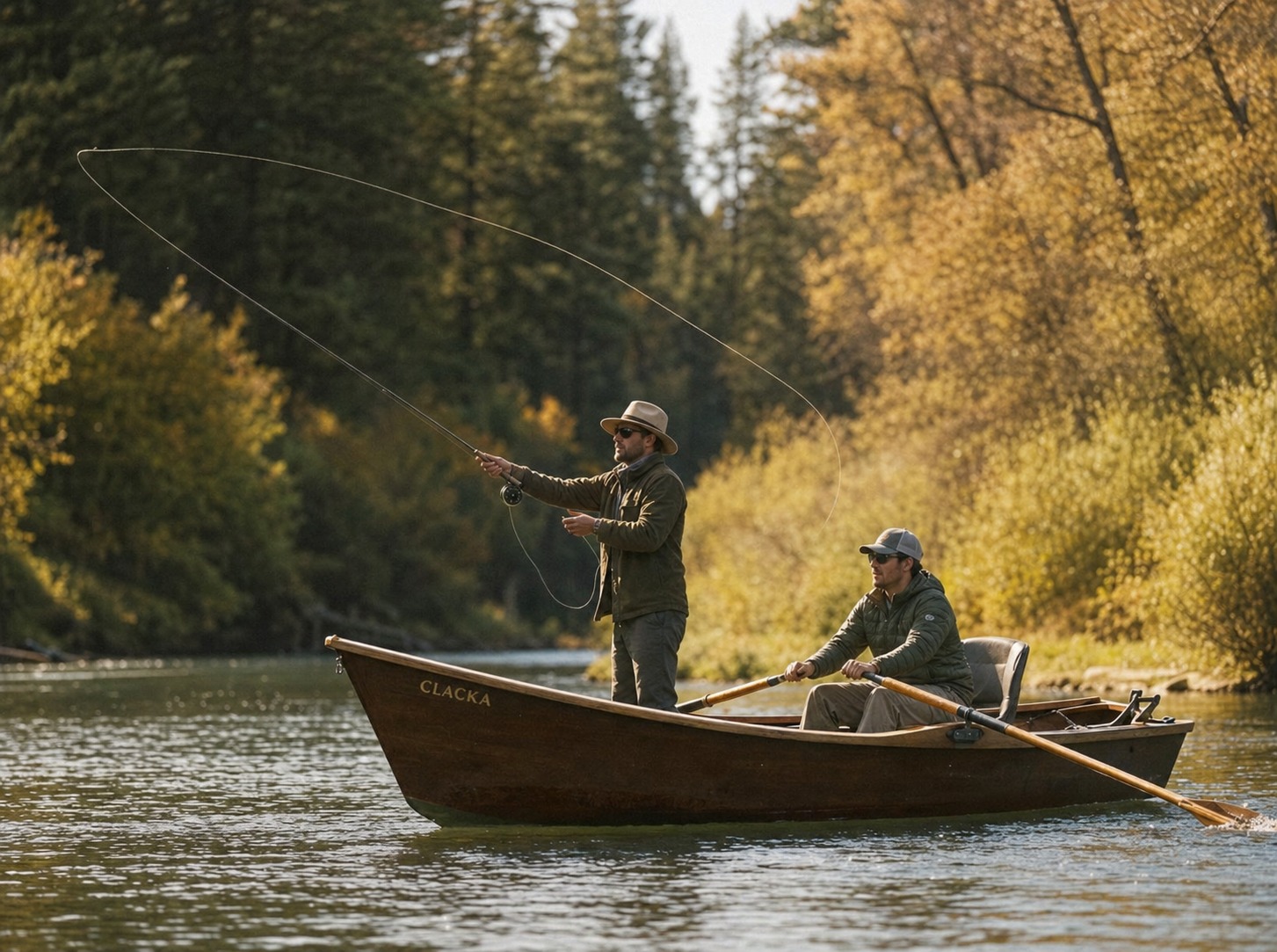 Two men fly fishing from a drift boat in warm afternoon light