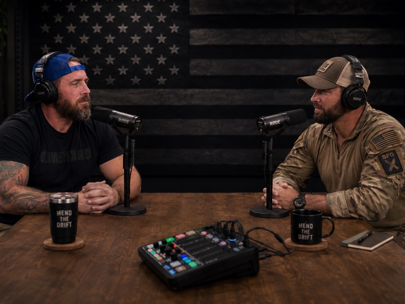 Two veterans recording the Mend the Drift podcast in studio, facing each other across a table with microphones and branded mugs