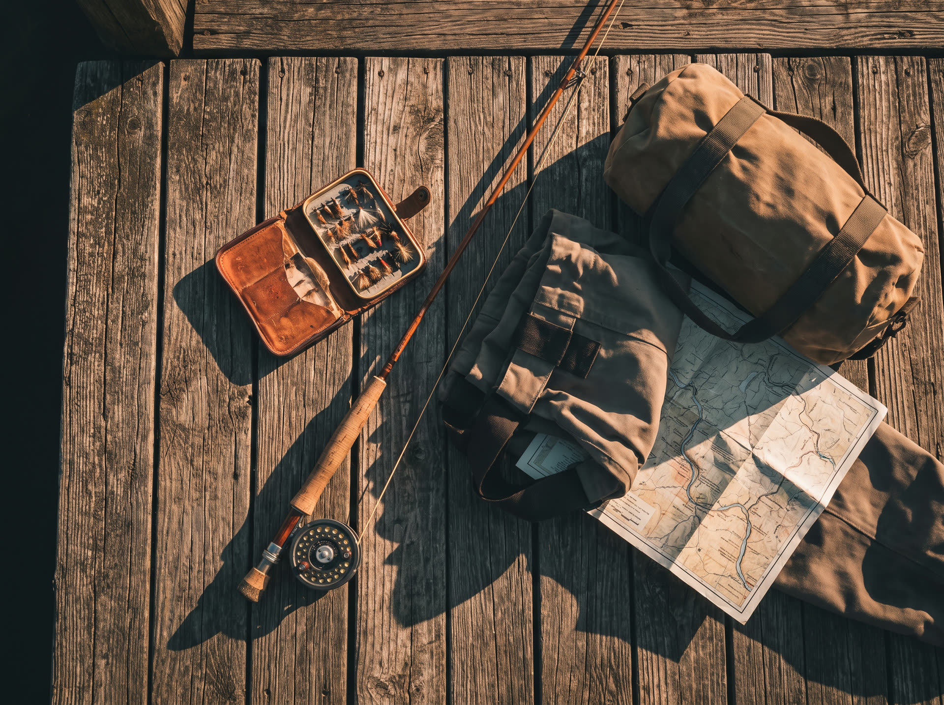 Fly fishing gear laid out on a wooden dock — rod, reel, fly box, waders, map, and duffel
