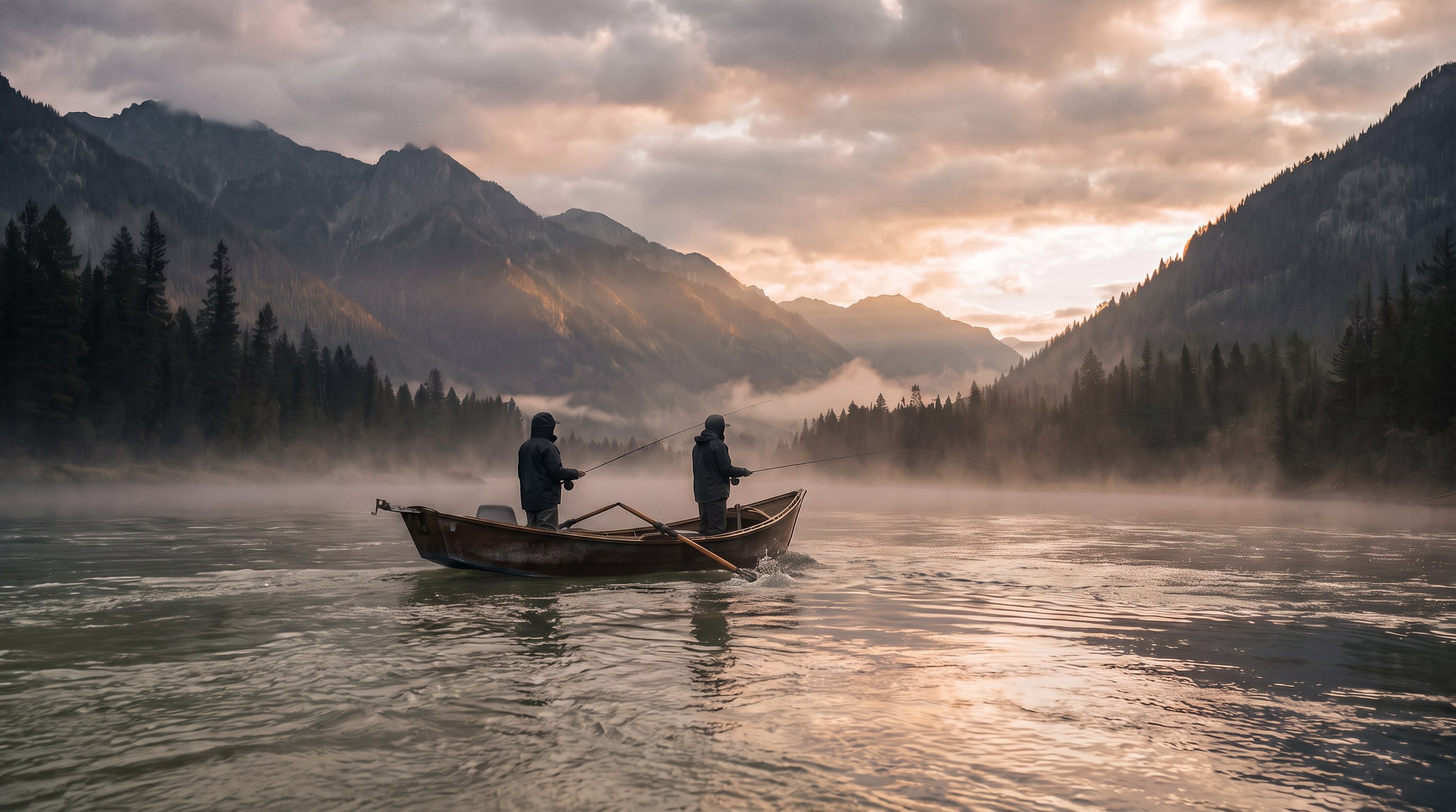 Two anglers on a drift boat on a calm river at sunrise, surrounded by fog and mountains