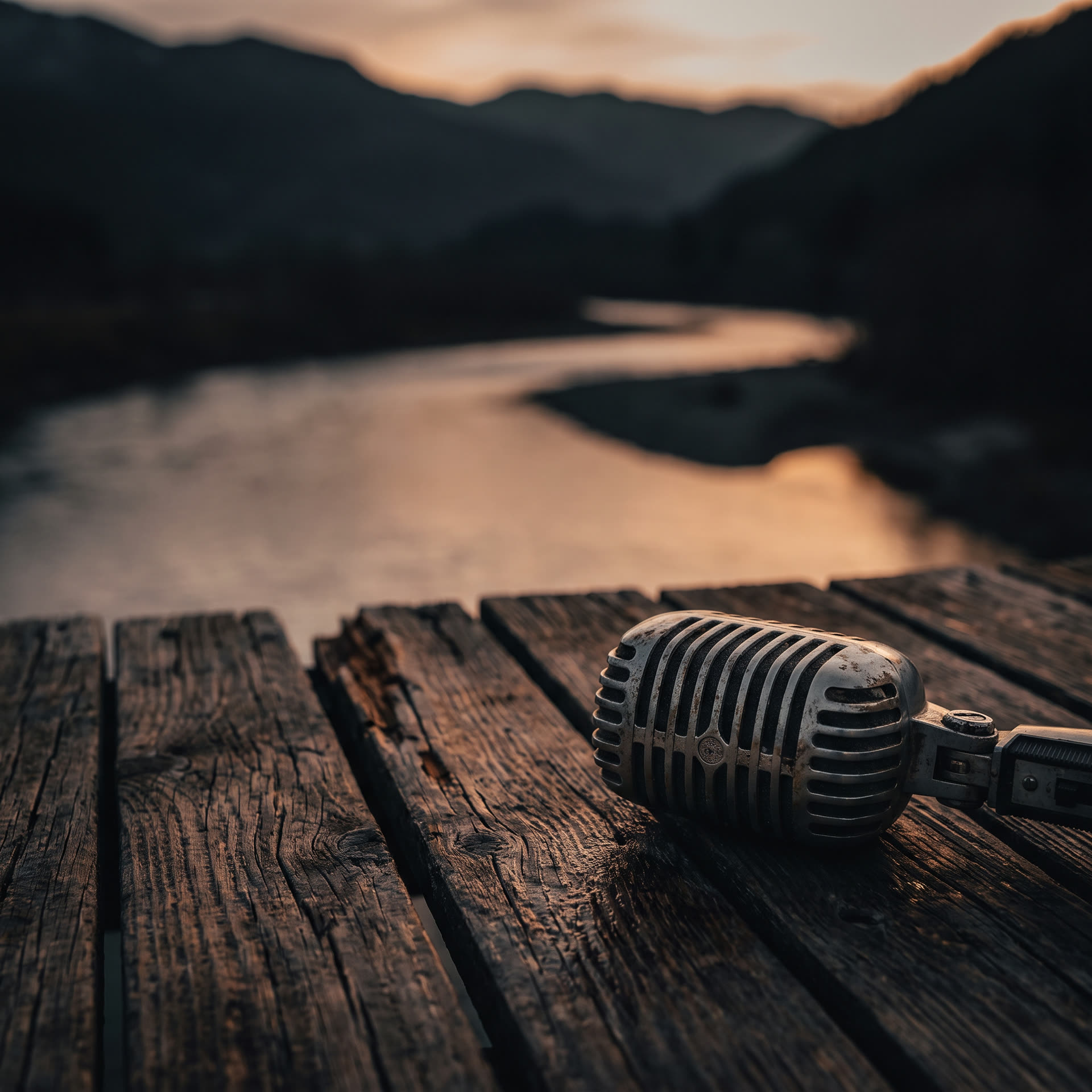 A vintage microphone resting on a wooden dock at dusk overlooking a river