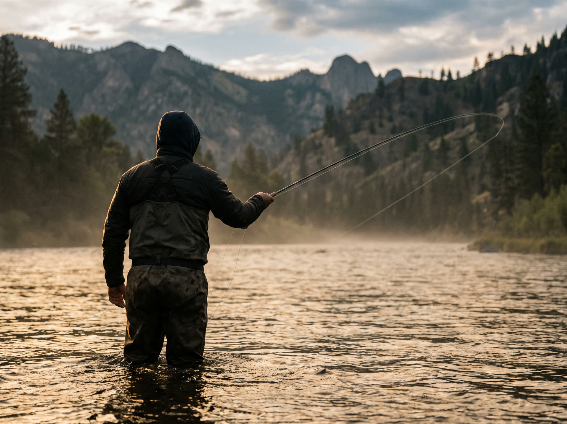 A lone angler in waders casting a fly line into a river at golden hour